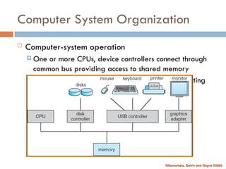 Silberschatz, Galvin and Gagne ©2005
Computer System Organization
 Computer-system operation
 One or more CPUs, device controllers connect through
common bus providing access to shared memory
 Concurrent execution of CPUs and devices competing
for memory cycles
 