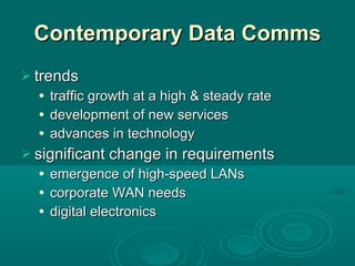 Contemporary Data Comms trends traffic growth at a high & steady rate development of new services advances in technology significant change in requirements emergence of high-speed LANs corporate WAN needs digital electronics 