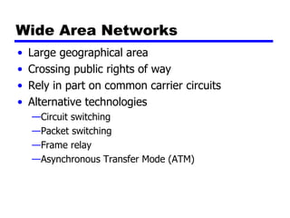 Wide Area Networks Large geographical area Crossing public rights of way Rely in part on common carrier circuits Alternative technologies Circuit switching Packet switching Frame relay Asynchronous Transfer Mode (ATM) 