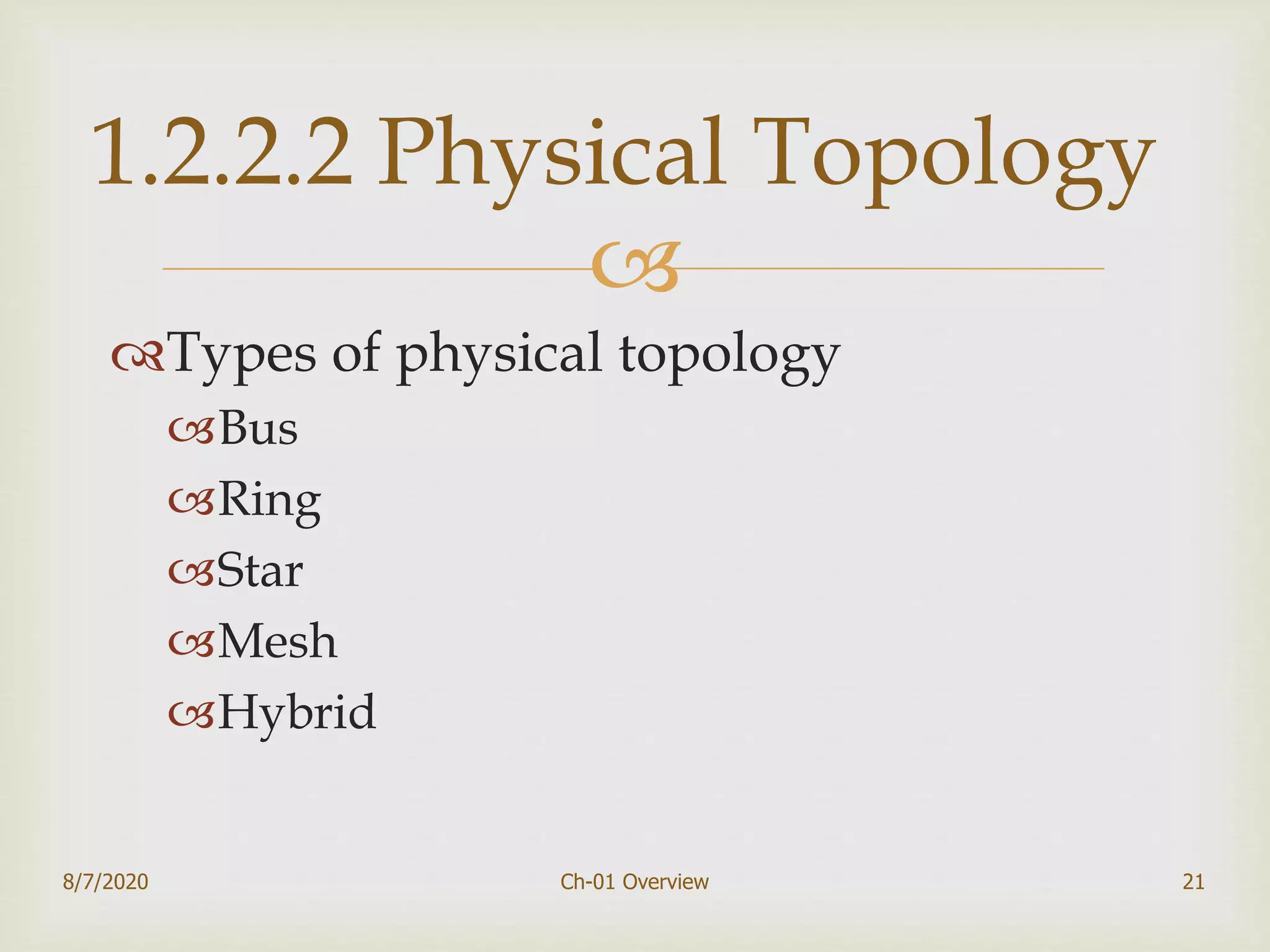 
Types of physical topology
Bus
Ring
Star
Mesh
Hybrid
8/7/2020 Ch-01 Overview 21
1.2.2.2 Physical Topology
 