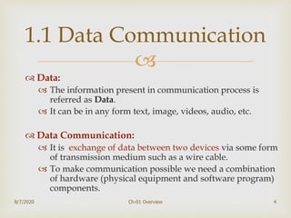 
 Data:
 The information present in communication process is
referred as Data.
 It can be in any form text, image, videos, audio, etc.
 Data Communication:
 It is exchange of data between two devices via some form
of transmission medium such as a wire cable.
 To make communication possible we need a combination
of hardware (physical equipment and software program)
components.
8/7/2020 Ch-01 Overview 4
1.1 Data Communication
 