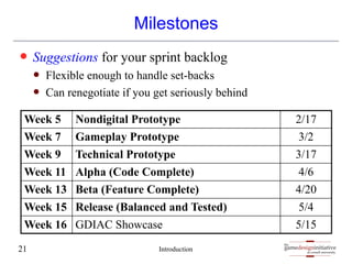 gamedesigninitiative
at cornell university
the
gamedesigninitiative
at cornell university
the
Milestones
— Suggestions for your sprint backlog
— Flexible enough to handle set-backs
— Can renegotiate if you get seriously behind
Introduction
21
Week 5 Nondigital Prototype 2/17
Week 7 Gameplay Prototype 3/2
Week 9 Technical Prototype 3/17
Week 11 Alpha (Code Complete) 4/6
Week 13 Beta (Feature Complete) 4/20
Week 15 Release (Balanced and Tested) 5/4
Week 16 GDIAC Showcase 5/15
 