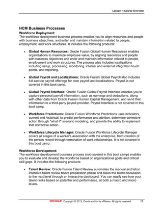 Lesson 1: Course Overview
Copyright © 2013, Oracle and/or its affiliates. All rights reserved. 15
HCM Business Processes
Workforce Deployment:
The workforce deployment business process enables you to align resources and people
with business objectives, and enter and maintain information related to people,
employment, and work structures. It includes the following products:
 Global Human Resources: Oracle Fusion Global Human Resources enables
organizations to maximize employee value, by aligning resources and people
with business objectives and enter and maintain information related to people,
employment and work structures. The process also includes localizations
including setup, processing, monitoring, internal and external integration touch
points, and reporting.
 Global Payroll and Localizations: Oracle Fusion Global Payroll also includes
full service payroll offerings for core payroll and localizations. Payroll is not
covered in this boot camp.
 Global Payroll Interface: Oracle Fusion Global Payroll Interface enables you to
capture personal payroll information, such as earnings and deductions, along
with other data from Oracle Fusion Human Capital Management, and send that
information to a third-party payroll provider. Payroll Interface is not covered in this
boot camp.
 Workforce Predictions: Oracle Fusion Workforce Predictions uses indicators,
current and historical, to predict performance and attrition, determine corrective
action through "what if" scenario modeling, and provide the ability to implement
that corrective action.
 Workforce Lifecycle Manager: Oracle Fusion Workforce Lifecycle Manager
covers all stages of a worker's association with the enterprise, from creation of
the person record through termination of work relationships. It is not covered in
this boot camp.
Workforce Development:
The workforce development business process (not covered in this boot camp) enables
you to evaluate and develop the workforce based on organizational goals and critical
skill gaps. It includes the following products:
 Talent Review: Oracle Fusion Talent Review automates the manual and labor
intensive talent review board preparation phase and takes the talent discussion
to the next level through an interactive dashboard. You can easily see how your
talent ranks based on potential and performance, at both a macro and micro
levels.
 