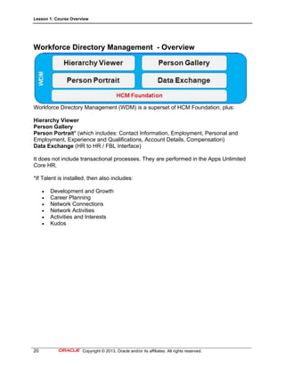 Lesson 1: Course Overview
20 Copyright © 2013, Oracle and/or its affiliates. All rights reserved.
Workforce Directory Management - Overview
Workforce Directory Management (WDM) is a superset of HCM Foundation, plus:
Hierarchy Viewer
Person Gallery
Person Portrait* (which includes: Contact Information, Employment, Personal and
Employment, Experience and Qualifications, Account Details, Compensation)
Data Exchange (HR to HR / FBL Interface)
It does not include transactional processes. They are performed in the Apps Unlimited
Core HR.
*If Talent is installed, then also includes:
 Development and Growth
 Career Planning
 Network Connections
 Network Activities
 Activities and Interests
 Kudos
 
