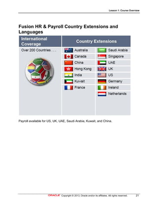 Lesson 1: Course Overview
Copyright © 2013, Oracle and/or its affiliates. All rights reserved. 21
Fusion HR & Payroll Country Extensions and
Languages
Payroll available for US, UK, UAE, Saudi Arabia, Kuwait, and China.
 