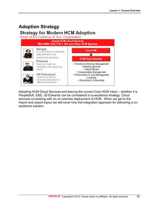 Lesson 1: Course Overview
Copyright © 2013, Oracle and/or its affiliates. All rights reserved. 25
Adoption Strategy
Adopting HCM Cloud Services and leaving the current Core HCM intact – whether it is
PeopleSoft, EBS, JD Edwards can be considered a co-existence strategy. Cloud
services co-existing with an on premise deployment of HCM. When we get to the
import and export topics we will cover how the integration approach for delivering a co-
existence solution.
 