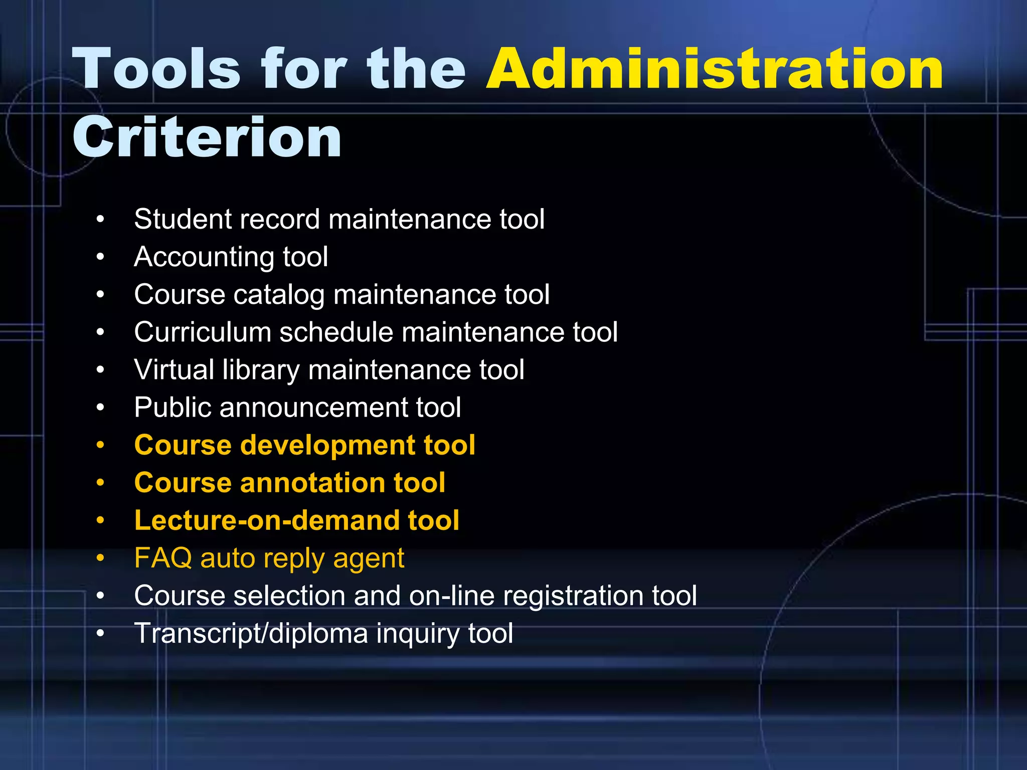 Tools for the Administration
Criterion
• Student record maintenance tool
• Accounting tool
• Course catalog maintenance tool
• Curriculum schedule maintenance tool
• Virtual library maintenance tool
• Public announcement tool
• Course development tool
• Course annotation tool
• Lecture-on-demand tool
• FAQ auto reply agent
• Course selection and on-line registration tool
• Transcript/diploma inquiry tool
 