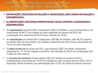 PANORAMA DO COMÉRCIO EXTERIOR DE MINAS GERAIS - JANEIRO/2011 – DESTAQUES(*) EXPORTAÇÕES CRESCERAM EM RELAÇÃO A JANEIRO/2010, MAS CAÍRAM EM RELAÇÃO A DEZEMBRO/2010. AS IMPORTAÇÕES CRESCERAM APRESENTANDO VALOR SUPERIOR A JANEIRO/2010 E DEZEMBRO/2010. Elaboração: SEDE/Central Exportaminas, sobre a base de MDIC/SECEX As  exportações  de janeiro/2011 alcançaram US$ 2,73 bilhões, o que correspondeu a um crescimento de 84,7% em relação ao valor registrado em janeiro de 2010. Na comparação com dezembro de 2010 houve retração de 18,6%. As  importações  em janeiro/2011 totalizaram US$ 884,42 milhões, valor 46,2% superior ao mesmo mês do ano anterior. Em relação a dezembro de 2010, houve crescimento de 13,2% do valor importado. O  saldo comercial  de janeiro de 2011, que alcançou US$ 1,44 bilhão, apresentou expansão de 111,4% em relação a jan/2010, mas retração de 28,3% na comparação com o saldo do mês anterior. A  corrente de comércio  mineira atingiu US$ 3,61 bilhões em janeiro de 2011, contabilizando crescimento de 73,5% em relação ao valor do igual mês em 2010. Com a expansão, Minas aumentou sua participação para 12,0% do comércio exterior nacional. 
