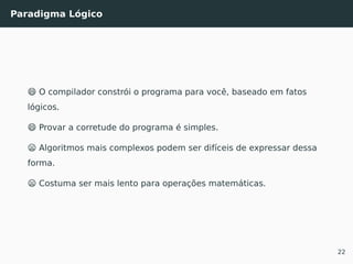 Paradigma Lógico
😄 O compilador constrói o programa para você, baseado em fatos
lógicos.
😄 Provar a corretude do programa é simples.
😦 Algoritmos mais complexos podem ser difíceis de expressar dessa
forma.
😦 Costuma ser mais lento para operações matemáticas.
22
 