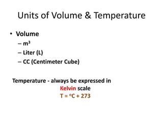 Units of Volume & Temperature
• Volume
– m3
– Liter (L)
– CC (Centimeter Cube)
Temperature - always be expressed in
Kelvin scale
T = oC + 273
 