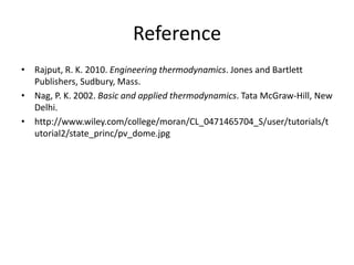 Reference
• Rajput, R. K. 2010. Engineering thermodynamics. Jones and Bartlett
Publishers, Sudbury, Mass.
• Nag, P. K. 2002. Basic and applied thermodynamics. Tata McGraw-Hill, New
Delhi.
• http://www.wiley.com/college/moran/CL_0471465704_S/user/tutorials/t
utorial2/state_princ/pv_dome.jpg
 