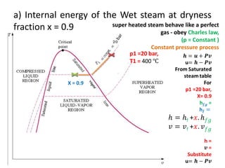 a) Internal energy of the Wet steam at dryness
fraction x = 0.9 super heated steam behave like a perfect
gas - obey Charles law,
(p = Constant )
Constant pressure process
X = 0.9
 