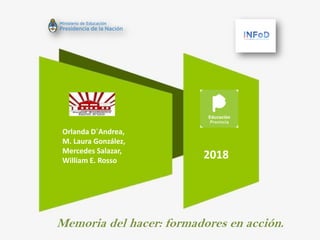 Orlanda D´Andrea,
M. Laura González,
Mercedes Salazar,
William E. Rosso
Memoria del hacer: formadores en acción.
2018
 