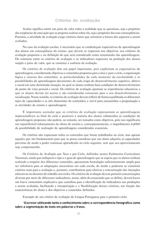 Critérios de avaliação

      Avaliar significa emitir um juízo de valor sobre a realidade que se questiona, seja a propósito
das exigências de uma ação que se projetou realizar sobre ela, seja a propósito das suas conseqüências.
Portanto, a atividade de avaliação exige critérios claros que orientem a leitura dos aspectos a serem
avaliados.

      No caso da avaliação escolar, é necessário que se estabeleçam expectativas de aprendizagem
dos alunos em conseqüência do ensino, que devem se expressar nos objetivos, nos critérios de
avaliação propostos e na definição do que será considerado como testemunho das aprendizagens.
Do contraste entre os critérios de avaliação e os indicadores expressos na produção dos alunos
surgirá o juízo de valor, que se constitui a essência da avaliação.

       Os critérios de avaliação têm um papel importante, pois explicitam as expectativas de
aprendizagem, considerando objetivos e conteúdos propostos para a área e para o ciclo, a organização
lógica e interna dos conteúdos, as particularidades de cada momento da escolaridade e as
possibilidades de aprendizagem decorrentes de cada etapa do desenvolvimento cognitivo, afetivo
e social em uma derminada situação, na qual os alunos tenham boas condições de desenvolvimento
do ponto de vista pessoal e social. Os critérios de avaliação apontam as experiências educativas a
que os alunos devem ter acesso e são consideradas essenciais para o seu desenvolvimento e
socialização. Nesse sentido, os critérios de avaliação devem refletir de forma equilibrada os diferentes
tipos de capacidades e as três dimensões de conteúdos, e servir para encaminhar a programação e
as atividades de ensino e aprendizagem.

     É importante assinalar que os critérios de avaliação representam as aprendizagens
imprescindíveis ao final do ciclo e possíveis à maioria dos alunos submetidos às condições de
aprendizagem propostas; não podem, no entanto, ser tomados como objetivos, pois isso significaria
um injustificável rebaixamento da oferta de ensino e, conseqüentemente, o impedimento a priori
da possibilidade de realização de aprendizagens consideradas essenciais.

      Os critérios não expressam todos os conteúdos que foram trabalhados no ciclo, mas apenas
aqueles que são fundamentais para que se possa considerar que um aluno adquiriu as capacidades
previstas de modo a poder continuar aprendendo no ciclo seguinte, sem que seu aproveitamento
seja comprometido.

       Os Critérios de Avaliação por Área e por Ciclo, definidos nestes Parâmetros Curriculares
Nacionais, ainda que indiquem o tipo e o grau de aprendizagem que se espera que os alunos tenham
realizado a respeito dos diferentes conteúdos, apresentam formulação suficientemente ampla para
ser referência para as adaptações necessárias em cada escola, de modo a poderem se constituir
critérios reais para a avaliação e, portanto, contribuírem para efetivar a concretização das intenções
educativas no decorrer do trabalho nos ciclos. Os critérios de avaliação devem permitir concretizações
diversas por meio de diferentes indicadores; assim, além do enunciado que os define, deverá haver
um breve comentário explicativo que contribua para a identificação de indicadores nas produções
a serem avaliadas, facilitando a interpretação e a flexibilização desses critérios, em função das
características do aluno e dos objetivos e conteúdos definidos.

      Exemplo de um critério de avaliação de Língua Portuguesa para o primeiro ciclo:

     “Escrever utilizando tanto o conhecimento sobre a correspondência fonográfica como
sobre a segmentação do texto em palavras e frases.

                                                   58
 