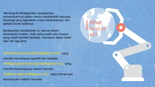What
Kind of
AI?
Teknologi AI dikategorikan berdasarkan
kemampuannya dalam meniru karakteristik manusia,
teknologi yang digunakan untuk melakukannya, dan
aplikasi dunia nyatanya.
Berdasarkan karakteristik ini, semua sistem
kecerdasan buatan—baik yang sudah ada maupun
yang masih bersifat hipotetis—termasuk dalam salah
satu dari tiga jenis
:
•Artificial narrow (weak) intelligence (ANI), yang
memiliki kemampuan spesifik dan terbatas
•Artificial general (strong) intelligence (AGI), yang
memiliki kemampuang seperti manusia
•Artificial super-intelligence (ASI), yang mempunyai
kemampuan melebih manusia
 