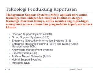 Teknologi Pendukung Keputusan
June 25, 201614
Management Support Systems (MSS): aplikasi dari semua
teknologi, baik independen maupun kombinasi dengan
teknologi informasi lainnya, untuk mendukung tugas-tugas
manajemen secara umum dan pengambilan keputusan secara
khusus
 Decision Support Systems (DSS)
 Group Support Systems (GSS)
 Enterprise (Executive) Information Systems (EIS)
 Enterprise Resource Planning (ERP) and Supply-Chain
Management (SCM)
 Knowledge Management Systems
 Expert Systems (ES)
 Artificial Neural Networks (ANN)
 Hybrid Support Systems
 Intelligent DSS
 