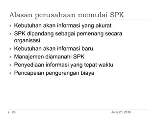 Alasan perusahaan memulai SPK
June 25, 201623
 Kebutuhan akan informasi yang akurat
 SPK dipandang sebagai pemenang secara
organisasi
 Kebutuhan akan informasi baru
 Manajemen diamanahi SPK
 Penyediaan informasi yang tepat waktu
 Pencapaian pengurangan biaya
 