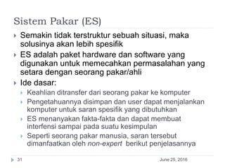 Sistem Pakar (ES)
June 25, 201631
 Semakin tidak terstruktur sebuah situasi, maka
solusinya akan lebih spesifik
 ES adalah paket hardware dan software yang
digunakan untuk memecahkan permasalahan yang
setara dengan seorang pakar/ahli
 Ide dasar:
 Keahlian ditransfer dari seorang pakar ke komputer
 Pengetahuannya disimpan dan user dapat menjalankan
komputer untuk saran spesifik yang dibutuhkan
 ES menanyakan fakta-fakta dan dapat membuat
interfensi sampai pada suatu kesimpulan
 Seperti seorang pakar manusia, saran tersebut
dimanfaatkan oleh non-expert berikut penjelasannya
 