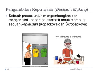 Pengambilan Keputusan (Decision Making)
June 25, 20164
 Sebuah proses untuk mengembangkan dan
menganalisis beberapa alternatif untuk membuat
sebuah keputusan (Kopáčková dan Škrobáčková)
 
