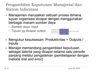 Pengambilan Keputusan Manajerial dan
Sistem Informasi
June 25, 20166
 Manajemen merupakan sebuah proses dimana
tujuan organisasi dicapai dengan menggunakan
berbagai macam sumber daya
 Sumber daya: input
 Tujuan yg dicapai: output
 Mengukur kesuksesan: Produktivitas = Outputs /
Inputs
 Manajer memandang pengambilan keputusan
sebagai talenta yang dicapai selama satu periode
panjang melalui pengalaman (pembelajaran dengan
metode trial and error)
 