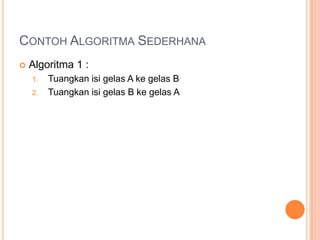 CONTOH ALGORITMA SEDERHANA
 Algoritma 1 :
1. Tuangkan isi gelas A ke gelas B
2. Tuangkan isi gelas B ke gelas A
 