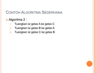 CONTOH ALGORITMA SEDERHANA
 Algoritma 2 :
1. Tuangkan isi gelas A ke gelas C
2. Tuangkan isi gelas B ke gelas A
3. Tuangkan isi gelas C ke gelas B
 