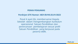 PERAN PENGAWAS
Perdirjen GTK Nomor: 4831/B/HK.03.01/2023
Pasal 4 ayat (2)c, membersamai Kepala
Sekolah dalam mengembangkan kurikulum
operasional Satuan Pendidikan dan
perencanaan pembelajaran sesuai profil
Satuan Pendidikan yang berpusat pada
peserta didik.
 