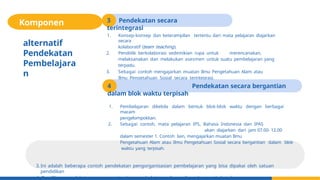3 Pendekatan secara
terintegrasi
1. Konsep-konsep dan keterampilan tertentu dari mata pelajaran diajarkan
secara
kolaboratif (team teaching).
2. Pendidik berkolaborasi sedemikian rupa untuk merencanakan,
melaksanakan dan melakukan asesmen untuk suatu pembelajaran yang
terpadu.
3. Sebagai contoh mengajarkan muatan Ilmu Pengetahuan Alam atau
Ilmu Pengetahuan Sosial secara terintegrasi.
4 Pendekatan secara bergantian
dalam blok waktu terpisah
1. Pembelajaran dikelola dalam bentuk blok-blok waktu dengan berbagai
macam
pengelompokkan.
2. Sebagai contoh, mata pelajaran IPS, Bahasa Indonesia dan IPAS
akan diajarkan dari jam 07.00- 12.00
dalam semester 1. Contoh lain, mengajarkan muatan Ilmu
Pengetahuan Alam atau Ilmu Pengetahuan Sosial secara bergantian dalam blok
waktu yang terpisah.
3.Ini adalah beberapa contoh pendekatan pengorganisasian pembelajaran yang bisa dipakai oleh satuan
pendidikan
4. Pemilihan pendekatan pengorganisasian pembelajaran disesuaikan dengan kebutuhan
alternatif
Pendekatan
Pembelajara
n
Komponen
 