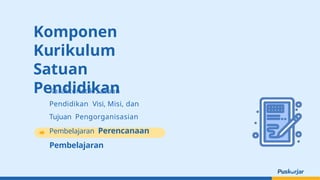 Komponen
Kurikulum
Satuan
Pendidikan
Karakteristik Satuan
Pendidikan Visi, Misi, dan
Tujuan Pengorganisasian
Pembelajaran Perencanaan
Pembelajaran
 