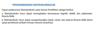 PENGEMBANGAN EKSTRAKURIKULER
Tujuan pelaksanaan Ekstrakurikuler pada Satuan Pendidikan sebagai berikut.
a. Ekstrakurikuler harus dapat meningkatkan kemampuan kognitif, afektif, dan psikomotor
Peserta Didik.
b. Ekstrakurikuler harus dapat mengembangkan bakat, minat, dan potensi Peserta Didik dalam
upaya pembinaan pribadi menuju manusia seutuhnya.
 