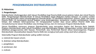 PENGEMBANGAN EKSTRAKURIKULER
D. Mekanisme
1. Pengembangan
Ekstrakurikuler diselenggarakan oleh Satuan Pendidikan bagi Peserta Didik sesuai potensi, bakat, dan minat Peserta
Didik. Pengembangan Ekstrakurikuler di Satuan Pendidikan dapat dilakukan melalui tahapan: (1) analisis sumber
daya yang diperlukan dalam penyelenggaraan Ekstrakurikuler; (2) identifikasi kebutuhan, potensi, bakat, dan minat
Peserta Didik; (3) menetapkan bentuk kegiatan yang diselenggarakan, kompetensi, muatan pembelajaran, beban
belajar, dan indikator ketercapaiannya; (4) mengupayakan sumber daya sesuai pilihan Peserta Didik atau
menyalurkannya ke Satuan Pendidikan atau lembaga lainnya; dan (5) menyusun Program Ekstrakurikuler.
Satuan Pendidikan menyusun program Ekstrakurikuler yang merupakan bagian dari Rencana Kerja Sekolah.
Program Ekstrakurikuler pada Satuan Pendidikan yang dikembangkan dengan menggunakan sumber daya bersama
difasilitasi penggunaannya oleh Yayasan, Pemerintah, atau Pemerintah Daerah sesuai kewenangannya. Program
Ekstrakurikuler disosialisasikan kepada Peserta Didik dan orangtua/wali pada setiap awal tahun pelajaran.
Sistematika Program Ekstrakurikuler paling sedikit memuat:
a. rasional dan tujuan umum;
b. deskripsi setiap Ekstrakurikuler;
c. pengelolaan;
d. pendanaan; dan
e. evaluasi.
 