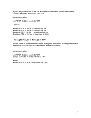 “Aprova Regulamento Técnico sobre Rotulagem Nutricional de Alimentos Embalados,
tornando obrigatória a rotulagem nutricional.”
Actos relacionados:
Lei nº 6437, de 20 de agosto de 1977
Revoca:
Resolução RDC nº 40, de 21 de março de 2001
Resolução RDC nº 39, de 21 de março de 2001
Resolução RE nº 198, de 11 de setembro de 2001
Resolução RDC nº 207, de 01 de agosto de 2003
- Resolução nº 22, de 15 de março de 2000
“Dispõe sobre os Procedimentos Básicos de Registro e Dispensa da Obrigatoriedade de
Registro de Produtos Importados Pertinentes à Área de Alimentos”.
Actos relacionados:
Lei nº 6437, de 20 de agosto de 1977
Decreto-lei nº 986, de 21 de outubro de 1969
Revoca:
Resolução RDC nº 3, de 04 de outubro de 1999
38
 