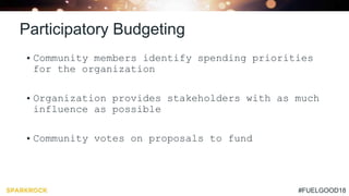 #FUELGOOD18
Participatory Budgeting
• Community members identify spending priorities
for the organization
• Organization provides stakeholders with as much
influence as possible
• Community votes on proposals to fund
 