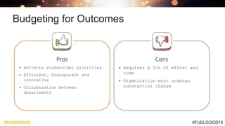 #FUELGOOD18
Budgeting for Outcomes
Pros
• Reflects stakeholder priorities
• Efficient, transparent and
innovative
• Collaboration between
departments
Cons
• Requires a lot of effort and
time
• Organization must undergo
substantial change
 