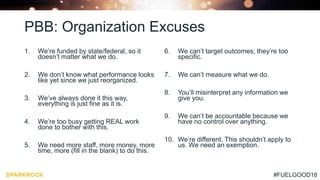 #FUELGOOD18
PBB: Organization Excuses
1. We’re funded by state/federal, so it
doesn’t matter what we do.
2. We don’t know what performance looks
like yet since we just reorganized.
3. We’ve always done it this way,
everything is just fine as it is.
4. We’re too busy getting REAL work
done to bother with this.
5. We need more staff, more money, more
time, more (fill in the blank) to do this.
6. We can’t target outcomes; they’re too
specific.
7. We can’t measure what we do.
8. You’ll misinterpret any information we
give you.
9. We can’t be accountable because we
have no control over anything.
10. We’re different. This shouldn’t apply to
us. We need an exemption.
 