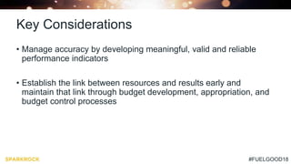 #FUELGOOD18
Key Considerations
• Manage accuracy by developing meaningful, valid and reliable
performance indicators
• Establish the link between resources and results early and
maintain that link through budget development, appropriation, and
budget control processes
 