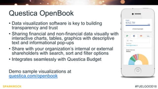 #FUELGOOD18
Questica OpenBook
• Data visualization software is key to building
transparency and trust
• Sharing financial and non-financial data visually with
interactive charts, tables, graphics with descriptive
text and informational pop-ups
• Share with your organization’s internal or external
shareholders with search, sort and filter options
• Integrates seamlessly with Questica Budget
Demo sample visualizations at
questica.com/openbook
 