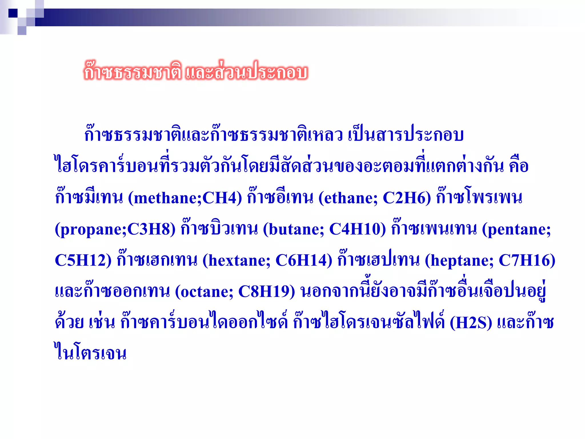 ก๊าซธรรมชาติ และส่วนประกอบ
ก๊าซธรรมชาติและก๊าซธรรมชาติเหลว เป็นสารประกอบ
ไฮโดรคาร์บอนที่รวมตัวกันโดยมีสัดส่วนของอะตอมที่แตกต่างกัน คือ
ก๊าซมีเทน (methane;CH4) ก๊าซอีเทน (ethane; C2H6) ก๊าซโพรเพน
(propane;C3H8) ก๊าซบิวเทน (butane; C4H10) ก๊าซเพนเทน (pentane;
C5H12) ก๊าซเฮกเทน (hextane; C6H14) ก๊าซเฮปเทน (heptane; C7H16)
และก๊าซออกเทน (octane; C8H19) นอกจากนี้ยังอาจมีก๊าซอื่นเจือปนอยู่
ด้วย เช่น ก๊าซคาร์บอนไดออกไซด์ ก๊าซไฮโดรเจนซัลไฟด์ (H2S) และก๊าซ
ไนโตรเจน
 
