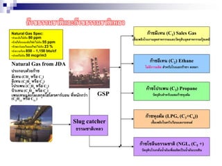 ก๊าซธรรมชาติและก๊าซธรรมชาติเหลว
Slug catcher
ธรรมชาติเหลว
ก๊าซมีเทน (C1) Sales Gas
เชื้ อเพลิงโรงงานอุตสาหกรรมและวัตถุดิบอุตสาหกรรมปุ๋ ยเคมี
ก๊าซอีเทน (C2) Ethane
ไม่มีการผลิต สาหรับโรงแยกก๊าซฯ สงขลา
ก๊าซโปรเพน (C3) Propane
วัตถุดิบสาหรับผสมก๊าซหุงต้ม
ก๊าซหุงต้ม (LPG, (C3+C4))
เชื้ อเพลิงในครัวเรือนและรถยนต์
ก๊าซโซลีนธรรมชาติ (NGL, (C5 +)
วัตถุดิบโรงกลั่นน้ามันเพื่อผลิตเป็ นน้ามันเบนซิน
Natural Gas from JDA
ประกอบด้วยก๊าซ
มีเทน (CH4 หรือ C1)
อีเทน (C2H6 หรือ C2)
โปรเพน (C3H8 หรือ C3)
บิวเทน (C4H10 หรือ C4)
เพนเทนและโมเลกุลไฮโดรคาร์บอน ที่หนักกว่า
(C5H12 หรือ C5+)
GSP
Natural Gas Spec:
-กามะถันไม่เกิน 80 ppm
-ก๊าซไฮโดรเจนซับไฟด์ ไม่เกิน 55 ppm
-ก๊าซคาร์บอนไดออกไซด์ ไม่เกิน 23 %
-ค่าความร้อน 850 – 1,150 btu/cf
-ปรอทไม่เกิน 50 mcgr/m3
 