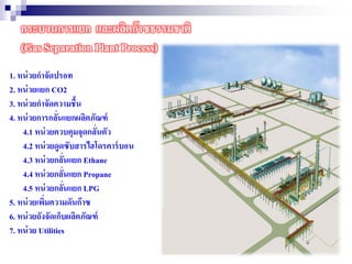 กระบวนการแยก และผลิตก๊าซธรรมชาติ
(Gas Separation Plant Process)
1. หน่วยกาจัดปรอท
2. หน่วยแยก CO2
3. หน่วยกาจัดความชื้น
4. หน่วยการกลั่นแยกผลิตภัณฑ์
4.1 หน่วยควบคุมจุดกลั่นตัว
4.2 หน่วยดูดซับสารไฮโดรคาร์บอน
4.3 หน่วยกลั่นแยก Ethane
4.4 หน่วยกลั่นแยก Propane
4.5 หน่วยกลั่นแยก LPG
5. หน่วยเพิ่มความดันก๊าซ
6. หน่วยถังจัดเก็บผลิตภัณฑ์
7. หน่วย Utilities
 