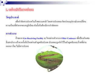 1. หน่วยกาจัดสารปรอท
วัตถุประสงค์
เพื่อกาจัดสารปรอทในก๊าซธรรมชาติ โดยสารปรอทจะกัดกร่อนอุปกรณ์แลกเปลี่ยน
ความร้อนที่ทาจากของอลูมิเนียม ดังนั้นจึงต้องมีการกาจัดออก
การทางาน
ก๊าซจาก Gas Receiving Facility จะไหลผ่านตัวกรอง Filter Coalescer เพื่อป้องกันเศษ
สิ่งสกปรก แล้วจากนั้นจึงไหลผ่านตัวดูดซับปรอท ปรอทจะถูกกักไว้ในตัวดูดซับและก๊าซที่ผ่าน
ออกมา ก็จะไม่มีสารปรอท
 