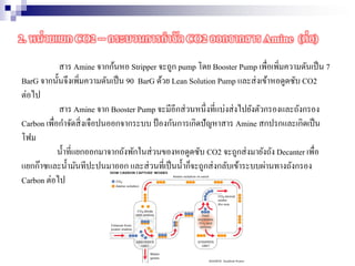 สาร Amine จากก้นหอ Stripper จะถูก pump โดย Booster Pump เพื่อเพิ่มความดันเป็น 7
BarG จากนั้นจึงเพิ่มความดันเป็น 90 BarG ด้วย Lean Solution Pump และส่งเข้าหอดูดซับ CO2
ต่อไป
สาร Amine จาก Booster Pump จะมีอีกส่วนหนึ่งที่แบ่งส่งไปยังตัวกรองและถังกรอง
Carbon เพื่อกาจัดสิ่งเจือปนออกจากระบบ ป้องกันการเกิดปัญหาสาร Amine สกปรกและเกิดเป็น
โฟม
น้าที่แยกออกมาจากถังพักในส่วนของหอดูดซับ CO2 จะถูกส่งมายังถัง Decanter เพื่อ
แยกก๊าซและน้ามันทีปะปนมาออก และส่วนที่เป็นน้าก็จะถูกส่งกลับเข้าระบบผ่านทางถังกรอง
Carbon ต่อไป
2. หน่วยแยก CO2 -- กระบวนการกาจัด CO2 ออกจากสาร Amine (ต่อ)
 