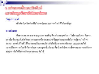 วัตถุประสงค์
เพื่อดักจับผลิตภัณฑ์ไฮโดรคาร์บอนออกจากก๊าซให้ได้มากที่สุด
การทางาน
ก๊าซและของเหลวจาก Expander จะเข้าสู่ด้านล่างหอดูดซับสารไฮโดรคาร์บอน ก๊าซจะ
ลอยขึ้นด้านบนสัมผัสกับของเหลวจากเครื่องควบแน่น ซึ่งจะช่วยละลายไฮโดรคาร์บอนในก๊าซ
ออกมา จากนั้นก๊าซที่ได้ก็จะแลกเปลี่ยนความร้อนกับไอที่มาจากหอกลั่นแยก Ethane และไป
แลกเปลี่ยนความร้อนอีกในหน่วยควบคุมจุดกลั่นตัวและที่หน่วยกาจัดความชื้น ของเหลวจากก้นหอ
จะถูกส่งต่อไปยังหอกลั่นแยก Ethane ต่อไป
4. หน่วยการกลั่นแยกผลิตภัณฑ์
4.2 หน่วยดูดซับสารไฮโดรคาร์บอน
 