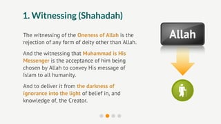 1. Witnessing (Shahadah)

The witnessing of the Oneness of Allah is the      Allah
rejection of any form of deity other than Allah.
And the witnessing that Muhammad is His
Messenger is the acceptance of him being
chosen by Allah to convey His message of
Islam to all humanity.
And to deliver it from the darkness of
ignorance into the light of belief in, and
knowledge of, the Creator.
 