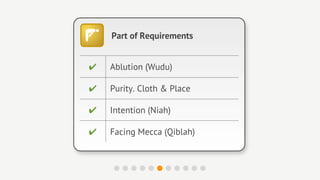 Part of Requirements


✔   Ablution (Wudu)

✔   Purity. Cloth & Place

✔   Intention (Niah)

✔   Facing Mecca (Qiblah)
 