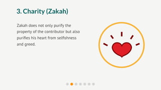 3. Charity (Zakah)

Zakah does not only purify the
property of the contributor but also
puriﬁes his heart from selﬁshness
and greed.
 