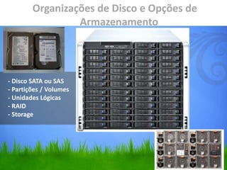 - Disco SATA ou SAS
- Partições / Volumes
- Unidades Lógicas
- RAID
- Storage
Organizações de Disco e Opções de
Armazenamento
 