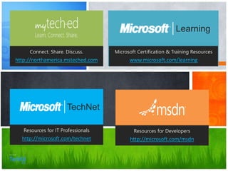 http://northamerica.msteched.com www.microsoft.com/learning
http://microsoft.com/technet http://microsoft.com/msdn
 
