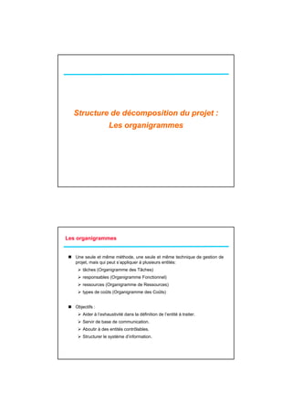 Structure de décomposition du projet :
                     Les organigrammes




Les organigrammes


   Une seule et même méthode, une seule et même technique de gestion de
   projet, mais qui peut s’appliquer à plusieurs entités:
       tâches (Organigramme des Tâches)
       responsables (Organigramme Fonctionnel)
       ressources (Organigramme de Ressources)
       types de coûts (Organigramme des Coûts)


   Objectifs :
       Aider à l’exhaustivité dans la définition de l’entité à traiter
               l exhaustivité                       l entité traiter.
       Servir de base de communication.
       Aboutir à des entités contrôlables.
       Structurer le système d’information.
 