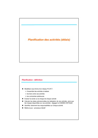 Planification des activités (délais)




Planification : définition



   Modéliser sous forme d'un réseau P.E.R.T.
      l'ensemble des activités à réaliser
      les liens entre ces activités
      les contraintes extérieures
   Evaluer la durée ou la charge de chaque activité
   Calculer les dates prévisionnelles de réalisation de ces activités, ainsi que
   les marges disponibles sur ces activités : dégager le CHEMIN CRITIQUE
   Identifier l i
   Id tifi clairement l responsabilités sur chaque activité
                    t les       bilité       h       ti ité
   Mettre à jour : processus itératif
 